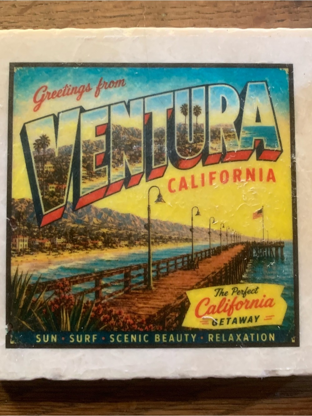 Ventura California Vintage-Style Decorative Drink Coaster - Yellow/Blue